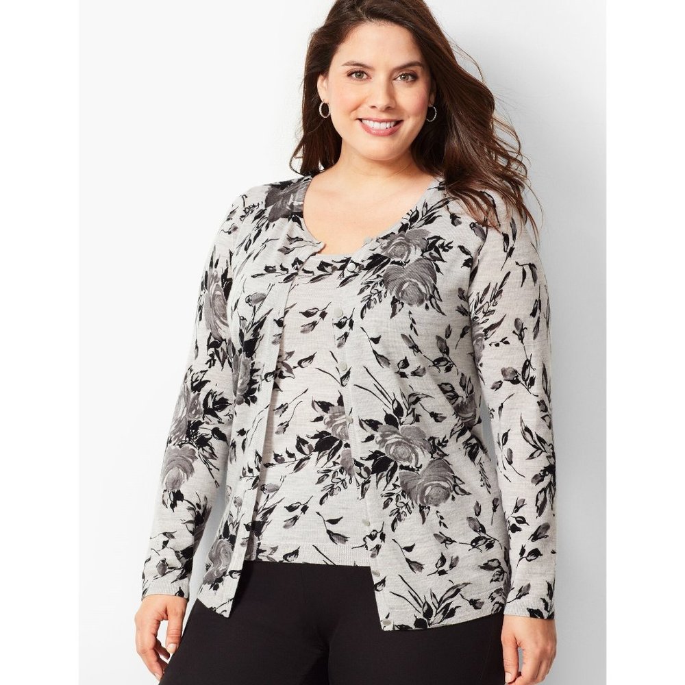 ✨ NEW Talbots Gray Floral Charming Cardigan in Merino Wool 2X